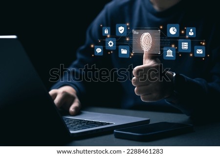 Security system and prevent hacker concept. Thumbs up with virtual fingerprint to scan biometric identity and access password thru fingerprints for technology. Royalty-Free Stock Photo #2288461283