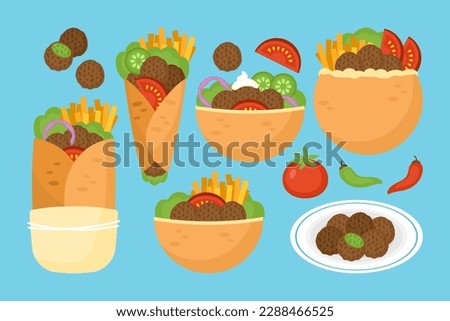 Falafel in pita bread,  tortilla wrap and on plate element set. Middle eastern cuisine and street food icons. Vector illustration Royalty-Free Stock Photo #2288466525