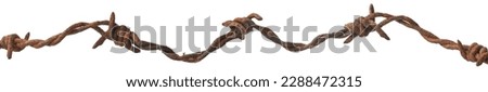 close-up of old rusty barbed wire, dirty, grunge and weathered security wire fence of twisted strands with sharp barbs or points isolated on white background Royalty-Free Stock Photo #2288472315