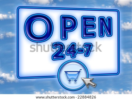 On-line web shopping cart open 24 - 7 in neon blue with cloud sky background