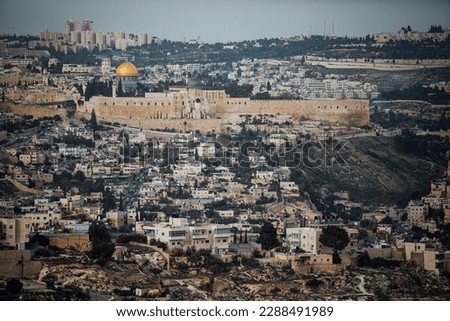 Landscape and city view of Jerusalem in Israel. In the photo you can see Temple Mount and Al-Aqsa Mosque
And parts of the city