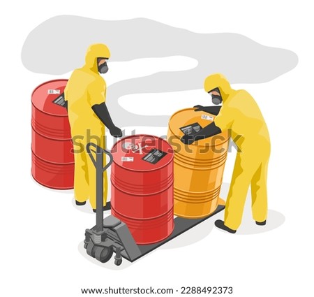 Toxic waste Hazardous Waste Disposal workers in Yellow Hazard Suit using Handlift to move chemical tank in industry zone illustration isometric isolated cartoon vector Royalty-Free Stock Photo #2288492373