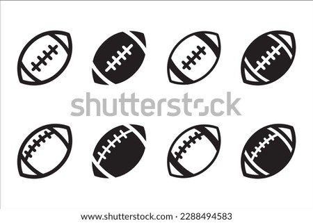 American football icon set. Rugby ball icons. American football ball vector stock illustration. Simple black and white flat design. Skewed balls.