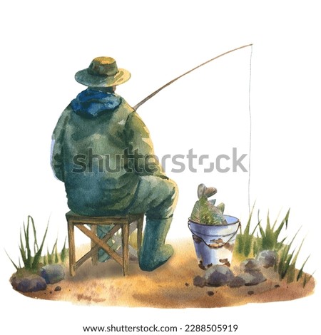 Watercolor illustration, fishing on the beach. A fisherman is fishing with a bait, sitting on the chair, next to it is a bucket full of fish. For designers, postcards, wrapping paper, posters.