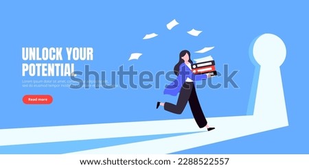 Unlock your opportunity concept with keyhole and ambitious woman running to career potential and work financial success flat style vector illustration. New way business beginnings and unlock future. Royalty-Free Stock Photo #2288522557