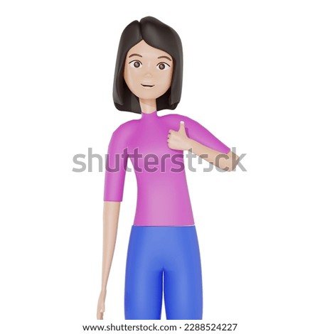 3d render. Cartoon character young caucasian woman isolated on white background. A girl wears pink shirt, blue pants, looks at camera thumb's up, smiles, happy 