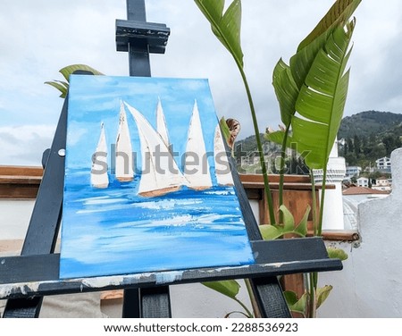 Turkey Marmaris 01.04.2023 Painting masterclass. Art party in restaurant. Glass of wine. Aquarelle watercolor, acrylic paints. Beginners class. Seascape nautical marine theme, sea boats, ships sails.
