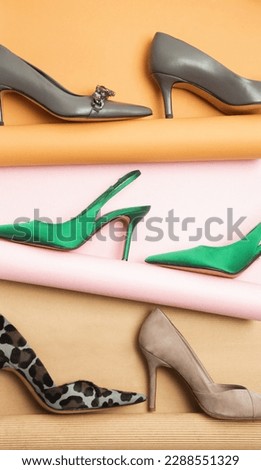 Creative studio shot of various leather pumps with pointed toe, product photography