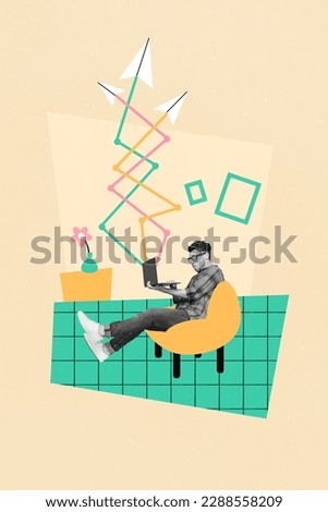 Photo collage artwork minimal picture of busy guy sending twitter telegram facebook messages isolated drawing background