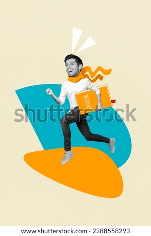 Vertical collage picture of positive black white colors big head guy hold book run rush isolated on creative background