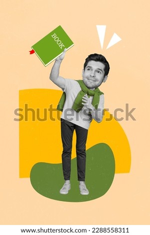 Vertical collage picture of black white colors mini guy big head hold book isolated on painted background