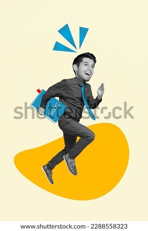 Vertical collage picture of black white effect guy big head jump rush hold book isolated on creative background