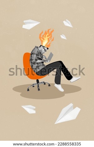 Creative 3d photo artwork graphics collage painting of busy guy burning head working modern device isolated drawing background