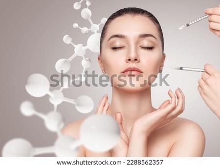 Beautiful woman has an injections in face among molecules. Anti-wrinkles injections concept. Royalty-Free Stock Photo #2288562357