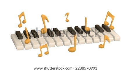 3d realistic piano keys. Musical instrument keyboard with music notes. Vector illustration.