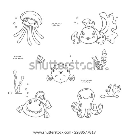 sea life set, doodle, coloring book, coloring page