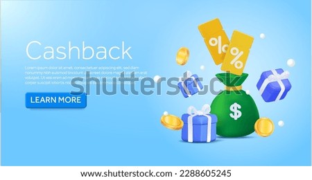 3d money bag with coupon, voucher, gift box on background. cashback banner concept. Floating coins. Promotion design concept. Discount campaign banner with CTA button. 3d vector illustration.