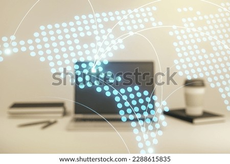Abstract creative world map with connections on modern laptop background, international trading concept. Multiexposure