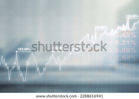 Multi exposure of abstract virtual financial graph hologram on blurry modern office building background, forex and investment concept