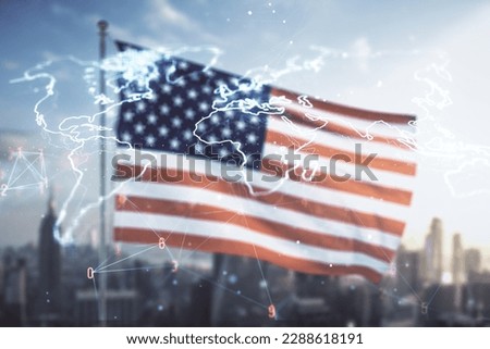 Multi exposure of abstract creative digital world map hologram on USA flag and blurry cityscape background, tourism and traveling concept