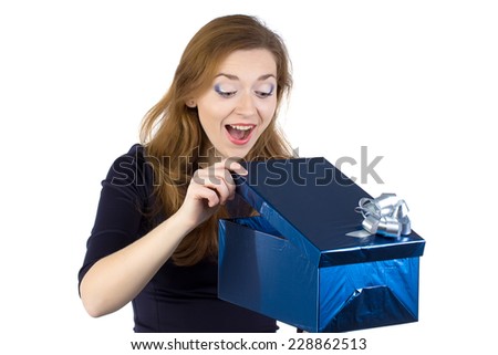 Image of young woman received the gift on white background