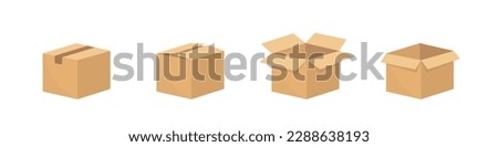 Set of different brown cardboard packaging boxes. Collection of cardboard box mockups. Shipping carton open and closed box with breakable signs. Parcel packaging template. Vector illustration Royalty-Free Stock Photo #2288638193