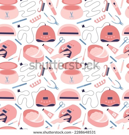 Vector manicure tools seamless pattern. Different manicure salon instruments pattern. UV lamp, scissors and nail polish vector illustration