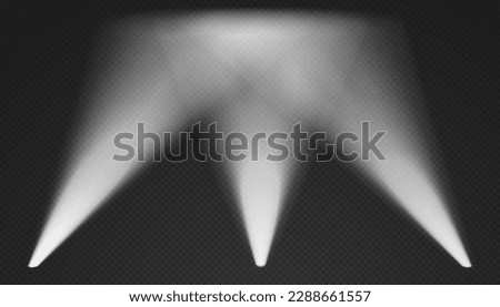 Three white searchlights in the air. Cone volumetric lights from bottom with darkened edges. Spotlight effect on dark background. Empty studio or concert scene. 3d rendering. Royalty-Free Stock Photo #2288661557