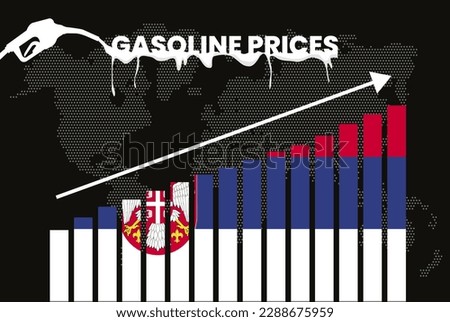 Increasing of gasoline prices in Serbia, get expensive of fuel prices, bar chart graph, rising values, Serbia flag on bar graph, upward arrow on data, inflation news banner idea