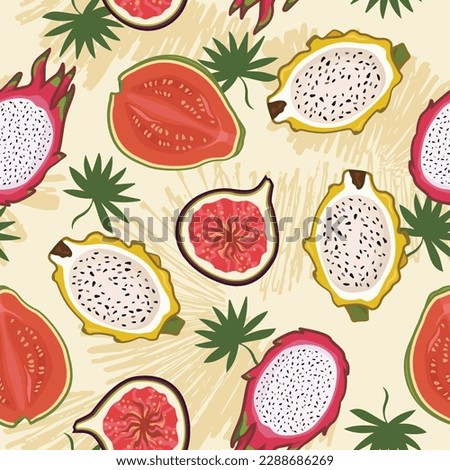 Tropical fruit seamless pattern on a yellow background with exotic leaves. 
Cut fruit illustration of Yellow dragon fruit, Fig, Guava and Dragon fruit.