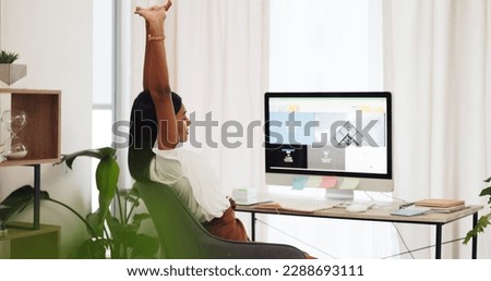 Stretching, office desk and woman with computer for website design, seo marketing or copywriting planning, working hard. Tired, burnout and creative graphic designer with overtime on ux ui web design