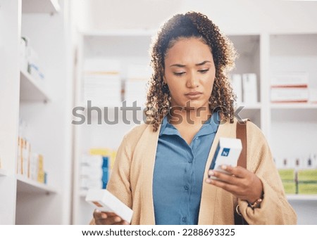 Pharmacy, confused woman or customer with medicine or healthcare products or medication in drugstore. Doubt, choice or person searching or reading box of pills or shopping in medical chemist retail