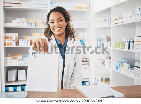 Pharmacy portrait, medicine bag or happy woman giving package to pov patient in customer services. Pharmacist help desk, smile or doctor with pharmaceutical note or medical product receipt in clinic Royalty-Free Stock Photo #2288693415