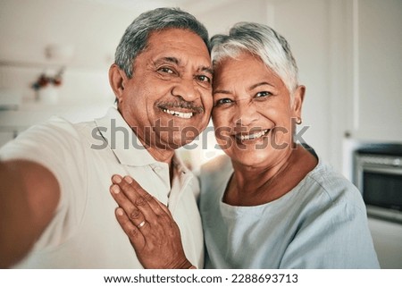 Love, happy and elderly couple smile for selfie, profile picture and photo in living room, cheerful and hug. Portrait, retirement and excited old people enjoying retired lifestyle in their home
