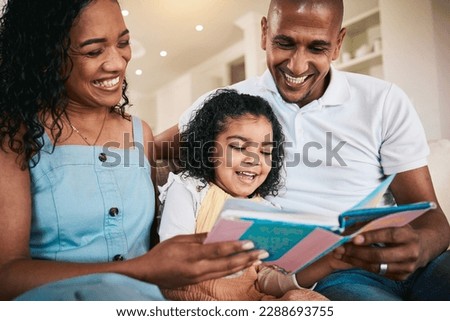 Happy family, laugh or child reading story book, funny cartoon comic and home bonding with mother, father or parents. Love, smile or young kid listening to comedy storytelling for youth entertainment