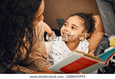 Happy family, mother or child reading story book, cartoon comic books and bonding with mom, mama or parents. Love, youth development and bedtime storytelling for kid listening to fairytale fantasy