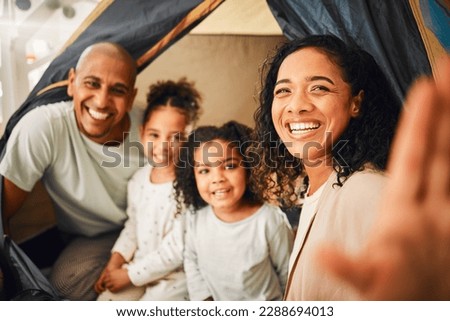 Selfie, home camping and happy family portrait, bonding and smiling together on vacation in Brazil holiday house. Memory photo, youth childhood or cheerful children, mother and father playing in tent
