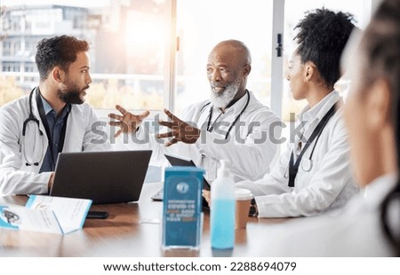 Medical team, meeting and doctor speaker in a hospital conference room for healthcare seminar. Collaboration, teamwork and wellness staff in a conversation for doctors innovation and management Royalty-Free Stock Photo #2288694079