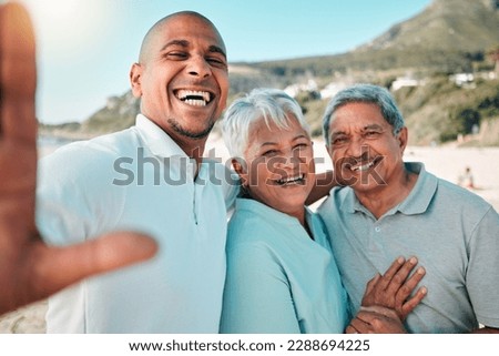 Senior parents, son and beach selfie with smile, hug and happiness in summer sunshine for social media. Woman, men and portrait with happy, excited face or profile picture with love on family holiday