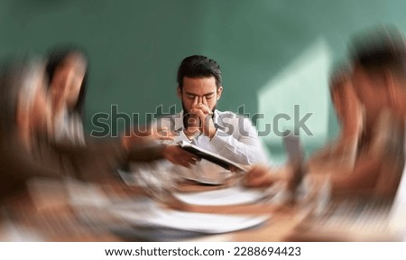 Stress, migraine and motion blur with a business man in a meeting feeling frustrated, tired or overworked. Mental health, anxiety and headache with an exhausted male employee suffering from fatigue Royalty-Free Stock Photo #2288694423