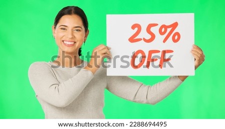 Woman, face and promotion sign on green screen, smile and advertising with poster, store sale and discount. Portrait, billboard and cardboard with text, happy female with board on studio background