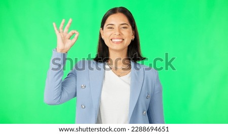 Okay hands, face and woman smile on green screen, background and review of business support. Portrait of female employee, happy and ok for success, yes and bonus for perfect emoji, thank you and sign