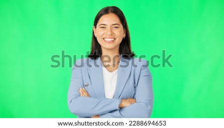 Business, happy woman and face with arms crossed on green screen background for confidence. Portrait, smile and young female model, employee and empowerment of professional worker, happiness or pride