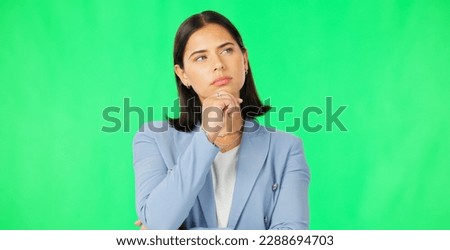 Thinking, business and woman on green screen for ideas, questions and brainstorming. Female model, serious worker and daydream of solution, decision and planning memory, choice and visionary mindset