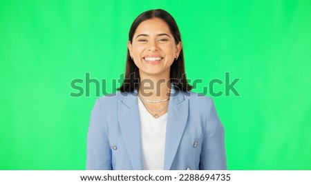 Smile, business woman and face on green screen, studio and color background for confidence, happiness and pride. Portrait of happy young model, female employee and empowerment of professional worker