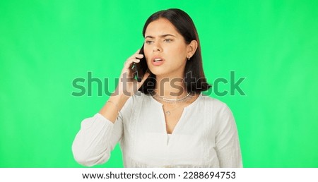 Phone call, conversation and woman with green screen feeling angry and frustrated from crisis. Isolated, studio background and stress from a young female model with mobile and communication problem