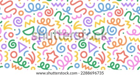 Fun colorful line doodle seamless pattern. Creative minimalist style art background for children or trendy design with basic shapes. Simple party confetti texture, childish scribble shape backdrop. Royalty-Free Stock Photo #2288696735