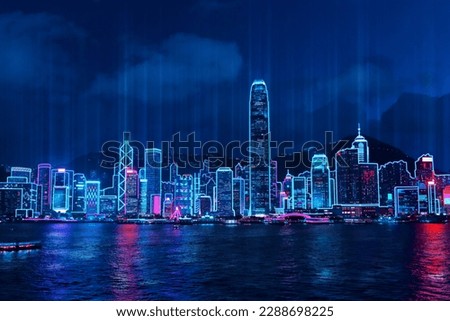 Cityscape of Hong Kong city skyline at night over Victoria Harbor with reflecting in harbour, Cyberpunk color style Royalty-Free Stock Photo #2288698225