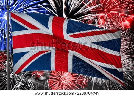 British UK flag on fireworks background, King coronation holiday celebration Royalty-Free Stock Photo #2288704949