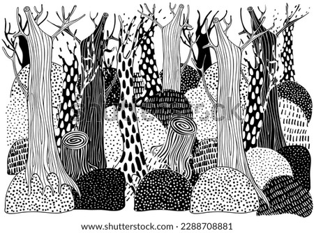 Black and white forest landscape.  Trees. Eco theme. Pattern for coloring book. Hand-drawn, ethnic, retro, doodle, vector, zentangle vector.
